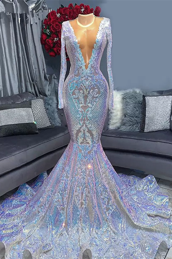 Hot Sparkle Sequin V neck Long sleeves Mermaid Prom Dresses-stylesnuggle