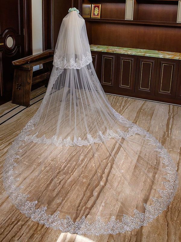 Ivory 2 Tier Long Cathedral Waterfall Lace Applique Wedding Veils-stylesnuggle