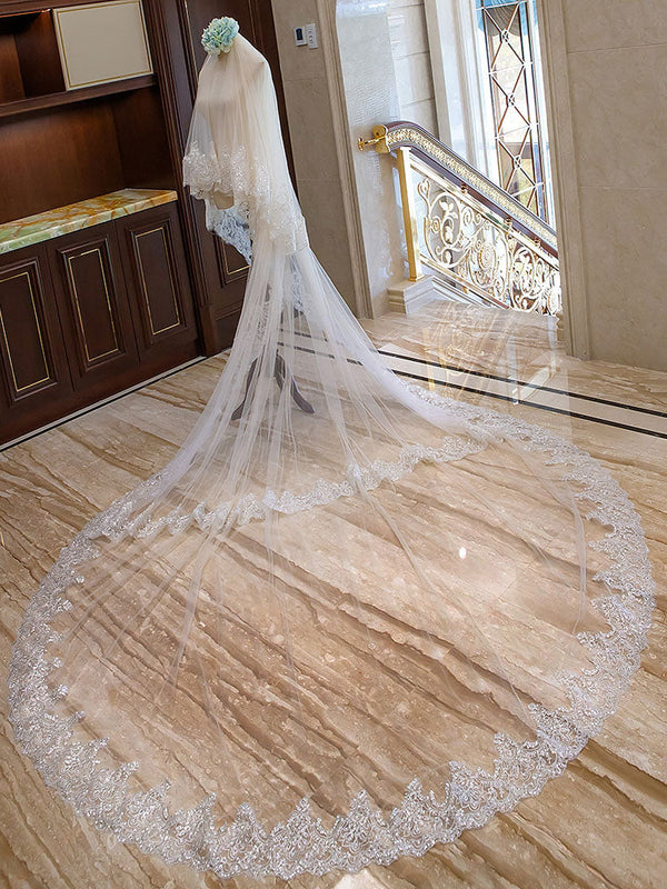 Ivory 2 Tier Long Cathedral Waterfall Lace Applique Wedding Veils-stylesnuggle