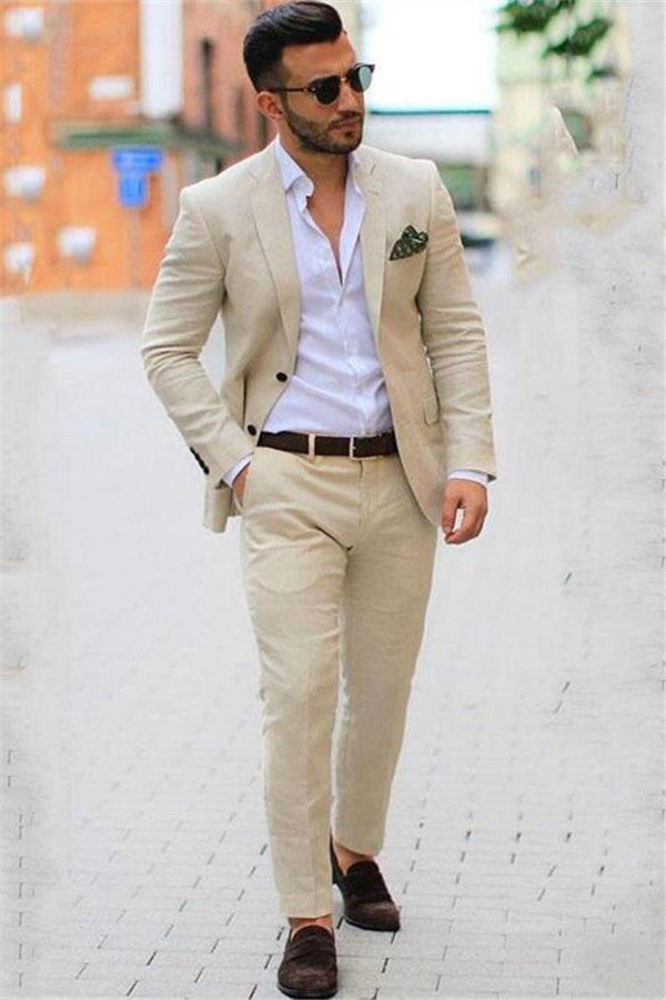stylesnuggle made this Ivory Casual Summer Two-piece Linen Blazer Mens Suits, Beige Slim Fit Groom Wedding Tuxedo with rush order service. Discover the design of this Ivory Solid Notched Lapel Single Breasted mens suits cheap for prom, wedding or formal business occasion.
