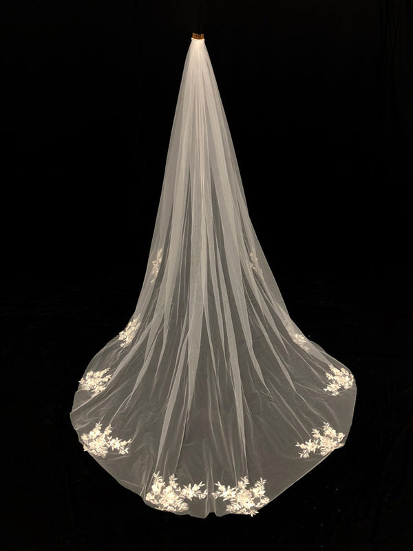 Ivory One-Tier Lace Tulle Finished Edge Waterfall Wedding Veils-stylesnuggle