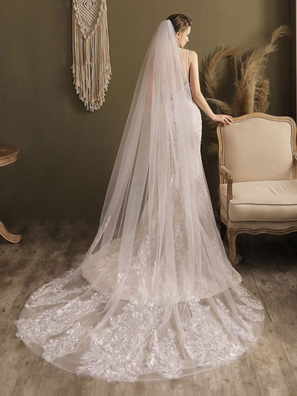 Ivory One-Tier Tulle Lace Applique Edge Waterfall Long Wedding Veil-stylesnuggle