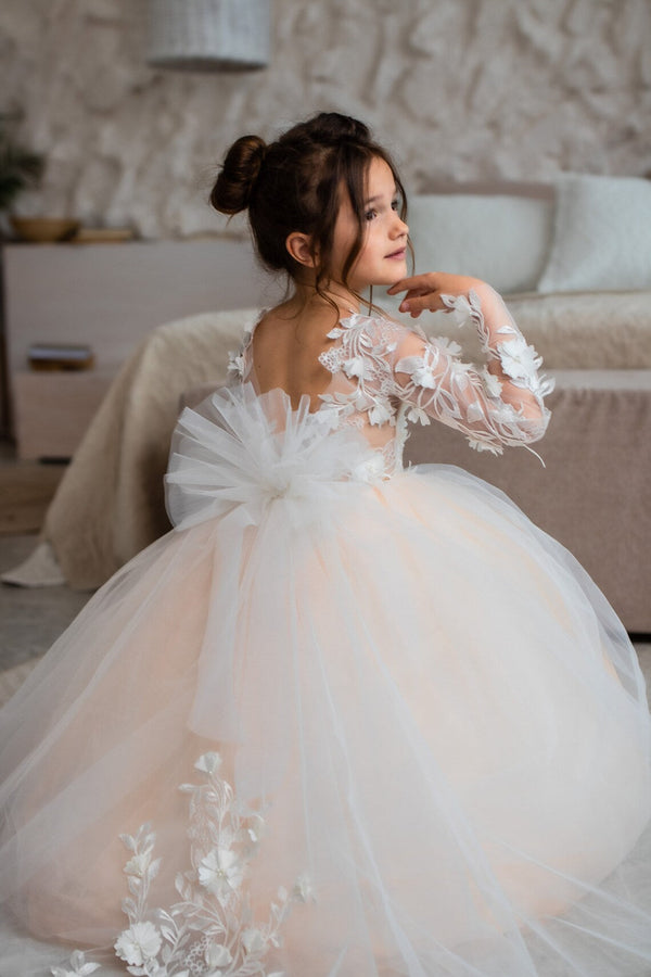 Jewel Long Sleeve Ball Gown Backless Lace Applique Bowknot Flower Girl Dress-stylesnuggle