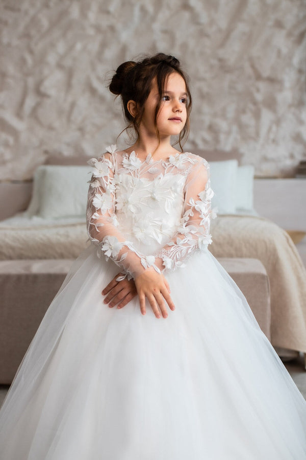 Jewel Long Sleeve Ball Gown Backless Lace Applique Bowknot Flower Girl Dress-stylesnuggle