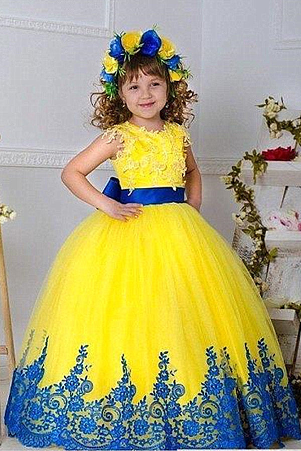 Jewel Sleeveless Ball Gown Lace Applique Bowknot Flower Girl Dress-stylesnuggle