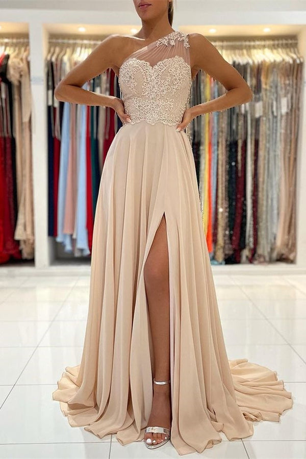 Lace Appliques Sleeveless One-Shoulder Prom Dress-stylesnuggle