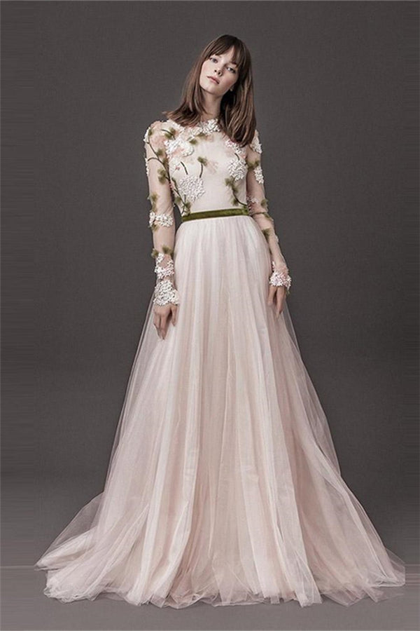 Lace Long Sleeves Floral A line Wedding Dresses Pleated Tulle Bridal Gowns Online-stylesnuggle
