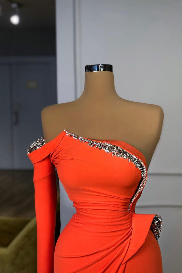Long sleeves Strapless Orange Sequined Long Prom Dress-stylesnuggle