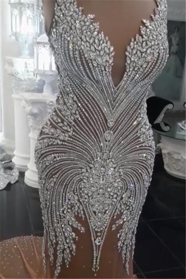 Luxurious Crystals Mermaid Wedding Dresses V Neck Backless Champagne Bridal Gowns-stylesnuggle