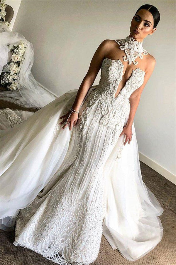 Luxurious High Neck Mermaid Sleeveless Wedding DressNew Arrival Lace Appliques Overskirt Bridal Gown-stylesnuggle