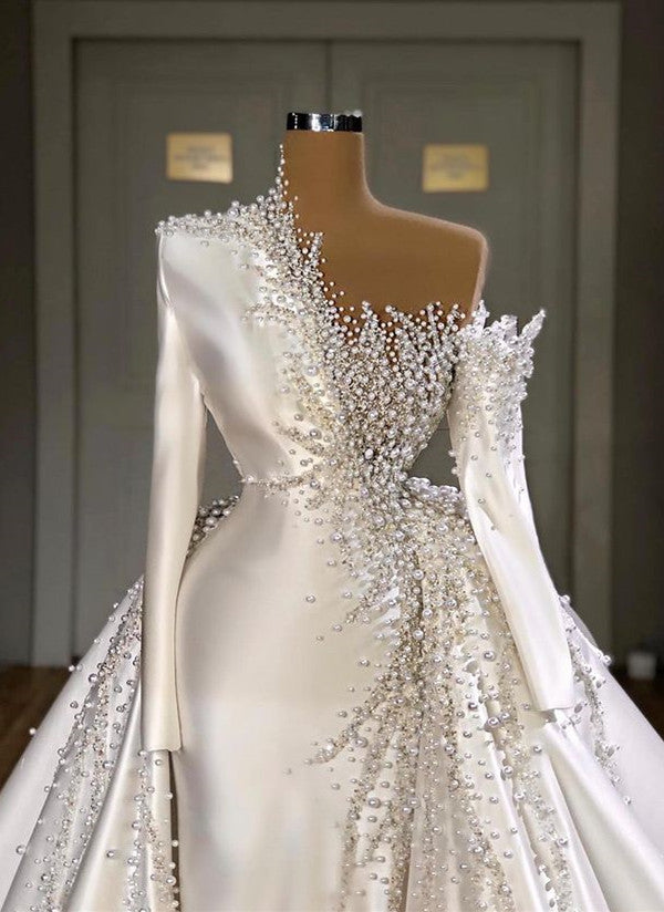Luxurious Long Sleeve Pearls Overskirt Wedding Dress Online-stylesnuggle