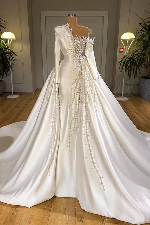 Luxurious Long Sleeve Pearls Overskirt Wedding Dress Online-stylesnuggle