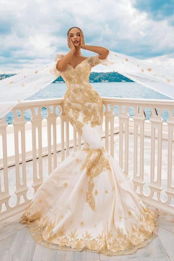 stylesnuggle offers Mermaid Bridal Gowns Gold Appliques Half Sleeve Cape at a good price, 1000+ options, fast delivery worldwide.