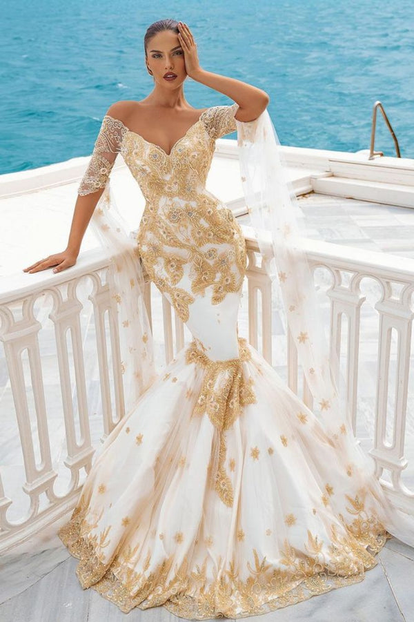 stylesnuggle offers Mermaid Bridal Gowns Gold Appliques Half Sleeve Cape at a good price, 1000+ options, fast delivery worldwide.