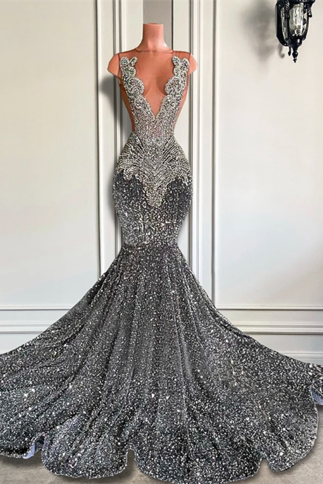 Mermaid Jewel Sequined Floor-length Sleeveless Appliques Lace Prom Dress-stylesnuggle