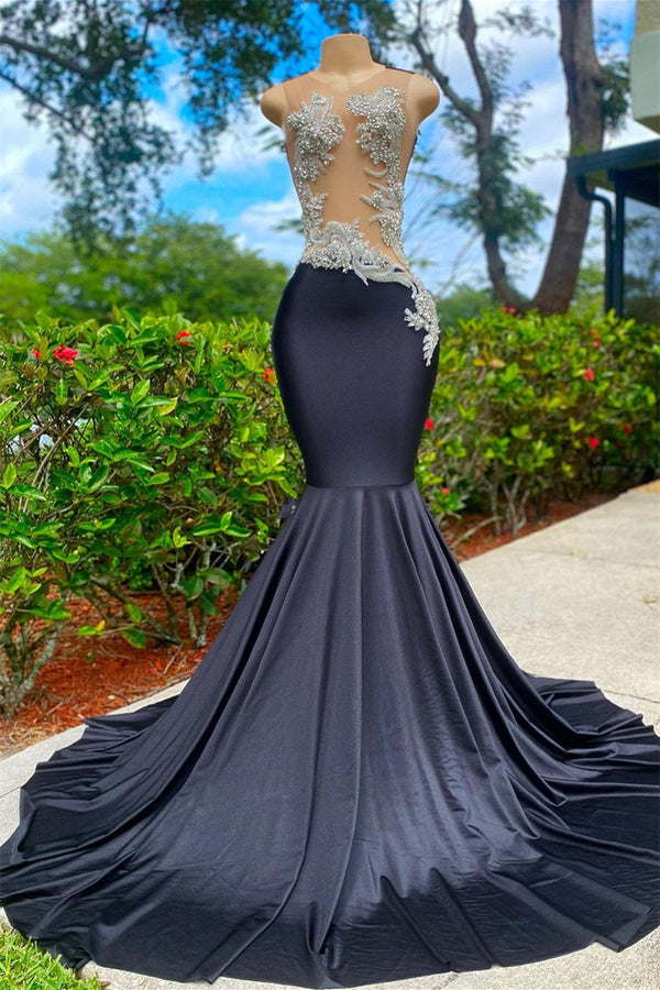Mermaid V-neck Appliques Lace Sequined Open Back One Shoulder Floor-length Sleeveless Prom Dress-stylesnuggle