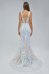 Mermaid V-neck Backless Lace Sequined Floor-length Long Sleeve Elegant Prom Dress-stylesnuggle