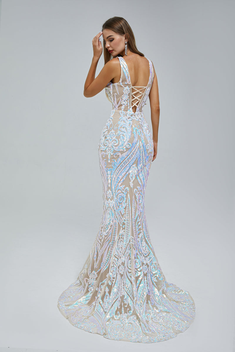 Mermaid V-neck Backless Lace Sequined Floor-length Long Sleeve Elegant Prom Dress-stylesnuggle