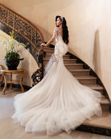 Mermaid V-neck Long Sleeves Floor Length Tulle Beading Applique Wedding Dress-stylesnuggle