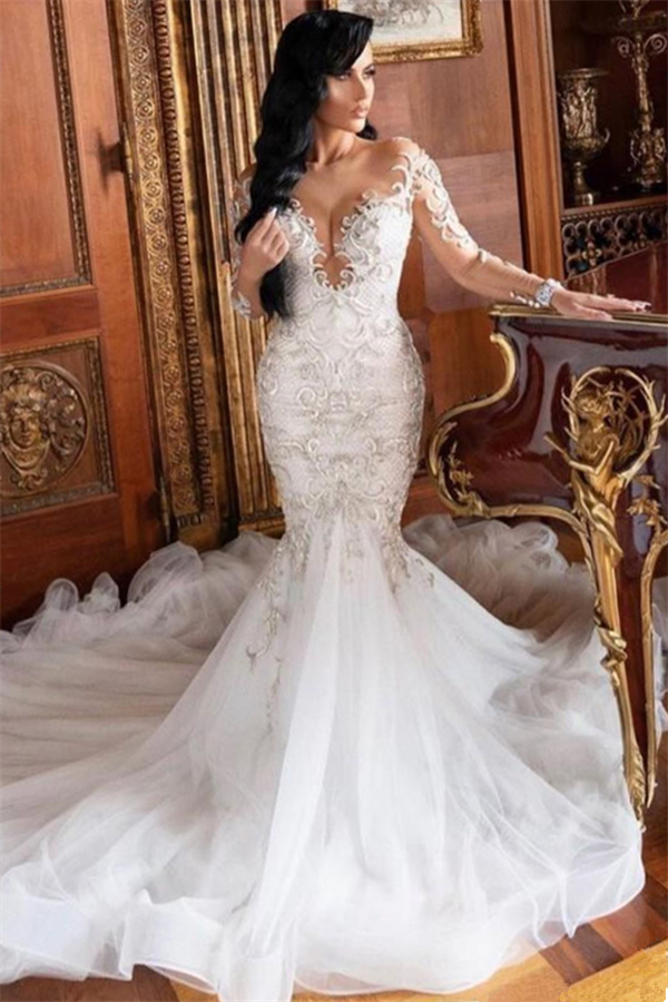 Mermaid V-neck Long Sleeves Floor Length Tulle Beading Applique Wedding Dress-stylesnuggle