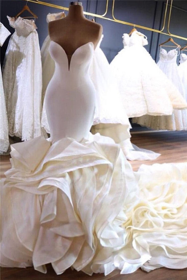 Mermaid V-neck Long Train Chiffon Lotus Leaf Hem Wedding Dress-stylesnuggle