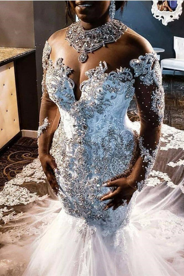 Mermaid V-neck Long Train Long Sleeves Tulle Beading Applique Wedding Dress-stylesnuggle