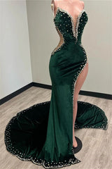 Mermaid V-neck Spaghetti strap Beaded High Split Floor-length Sleeveless Prom Dress-stylesnuggle
