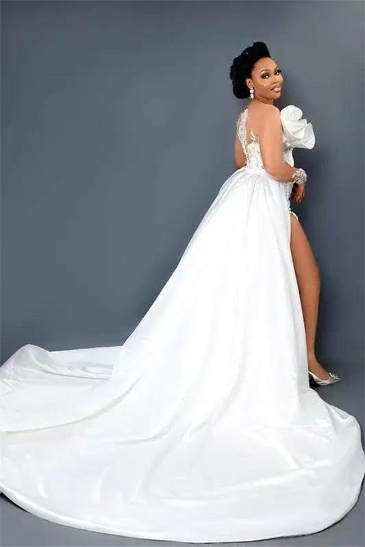 Mermaid V-neck Strapless High Split Applique Floor-length Long Sleeve Flower Wedding Dress-stylesnuggle