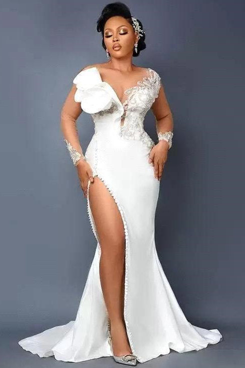 Mermaid V-neck Strapless High Split Applique Floor-length Long Sleeve Flower Wedding Dress-stylesnuggle