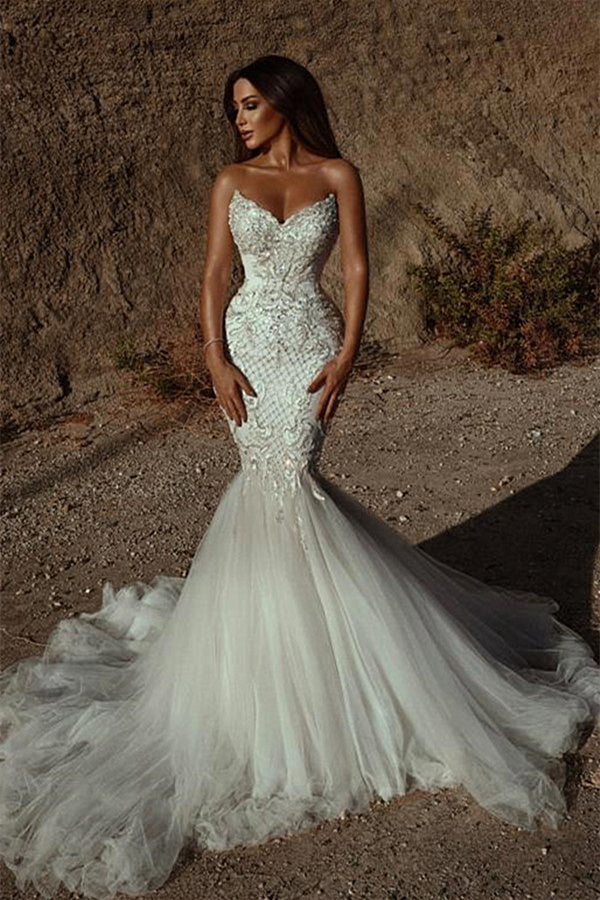 Mermaid V-neck Strapless Sequined Lace Applique Floor-length Sleeveless Open Back Wedding Dress-stylesnuggle