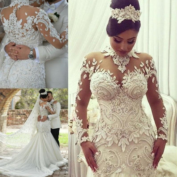 Inspired by this wedding dress at stylesnuggle.com,Mermaid style, and Amazing Lace work? We meet all your need with this Classic Modern Long Sleeves High Neck Lace Wedding Dress Bridal Gown.