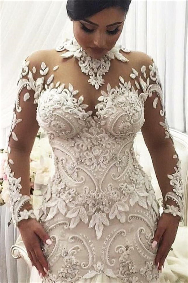 Modern Long Sleeves High Neck Lace Wedding Dress Bridal Gown-stylesnuggle