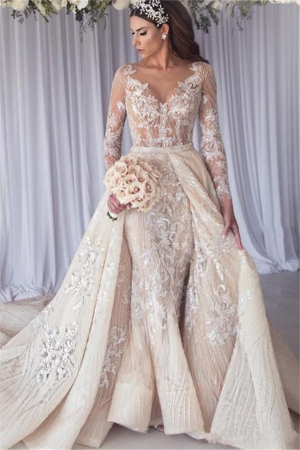 Modern Long Sleeves Lace Mermaid Overskirt Wedding Dress Bridal Gowns-stylesnuggle