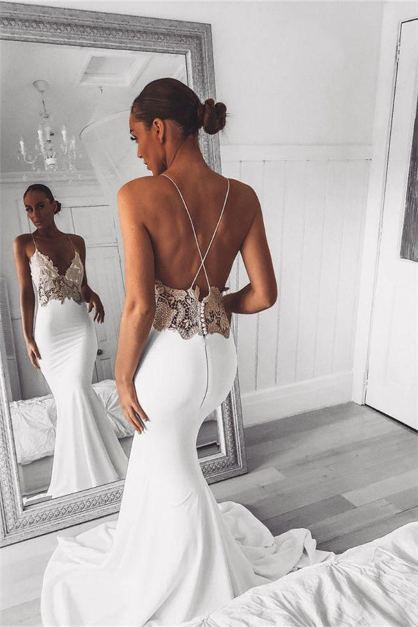 Modern V Neck Lace Spaghetti Strap Mermaid Wedding Dress Open Back Bridal Gown-stylesnuggle
