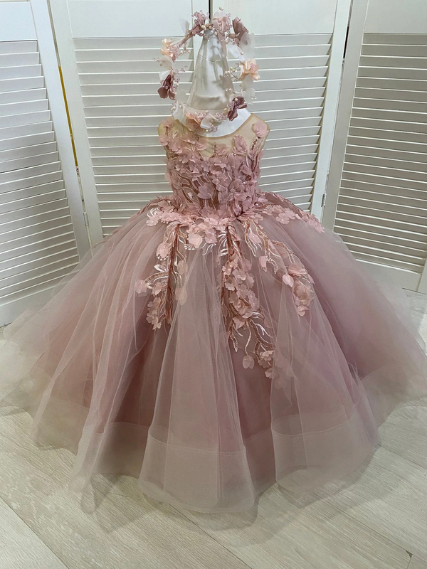 Modest Sleeveless Ball Gown Flower Girls Dress With Appliques-stylesnuggle