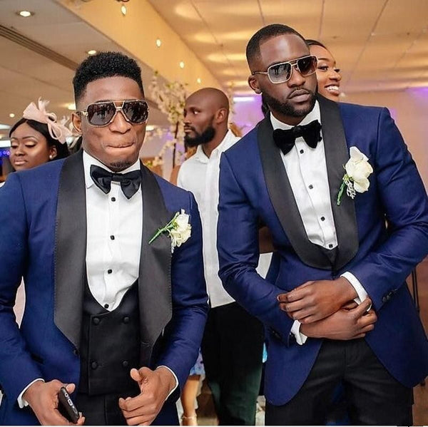 Discover the very best Navy Blue Three Piece Wedding Groomsmen Suit with Black Shawl Lapel for work,prom and wedding occasions at stylesnuggle. Made Navy Shawl Lapel Mens Suits with high Quality.