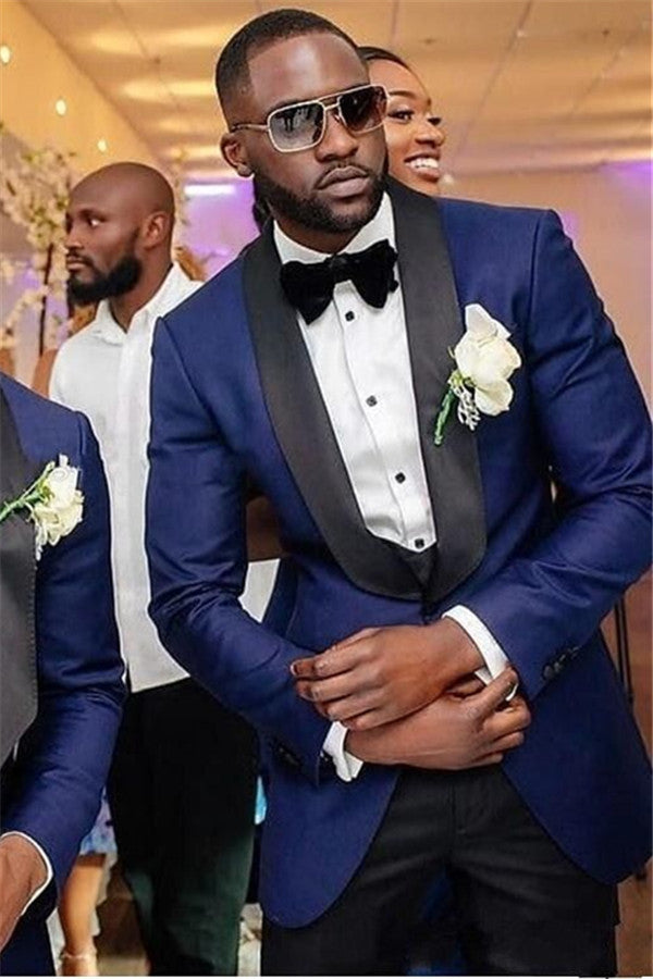 Discover the very best Navy Blue Three Piece Wedding Groomsmen Suit with Black Shawl Lapel for work,prom and wedding occasions at stylesnuggle. Made Navy Shawl Lapel Mens Suits with high Quality.