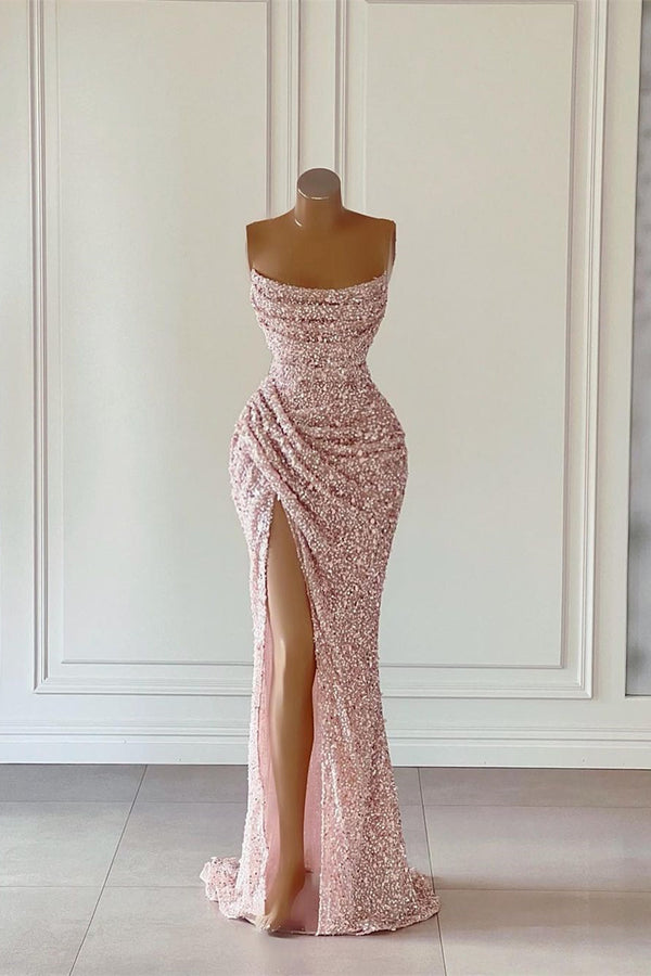 New Arrival Pink Sequins Sleeveless Evening Dresses With Split-stylesnuggle