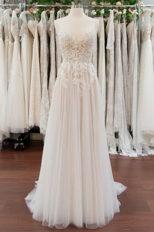 New Arrival V-neck Sleeveless Lace A line Wedding Dress-stylesnuggle