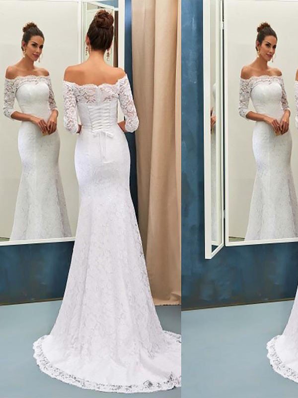 Check this Off-the-Shoulder Lace Mermaid Long Sleevess Sweep Train Wedding Dresses at stylesnuggle.com, this dress will make your guests say wow. The Off-the-shoulder bodice is thoughtfully lined, and the skirt with to provide the airy, flatter look of Lace.