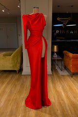 One-shoulder Long sleeves High-split Soft pleated Red Prom Dress-stylesnuggle