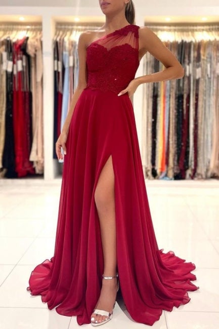 One Shoulder Red Prom Dress Floor Length Sleeveless Maxi Dress with Front Slit-stylesnuggle