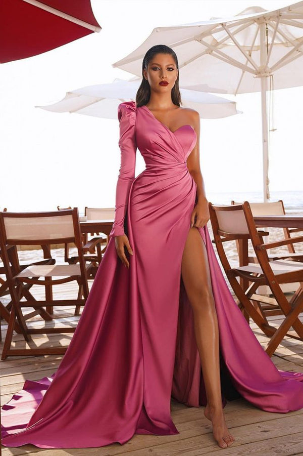 Looking for a perfect dress for your event? stylesnuggle has all covered on this elegant One Shoulder Satin Front Split Evening Party Dresses with Sweep Train.