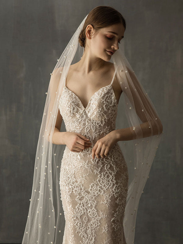 One-Tier Pearls Cut Edge Drop Wedding Veils-stylesnuggle