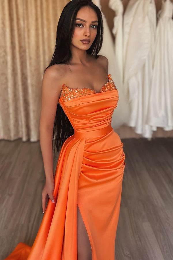 Orange Sweetheart Mermaid Prom Dress Long Slit Ruffles With Sequins-stylesnuggle
