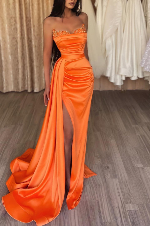 Orange Sweetheart Mermaid Prom Dress Long Slit Ruffles With Sequins-stylesnuggle