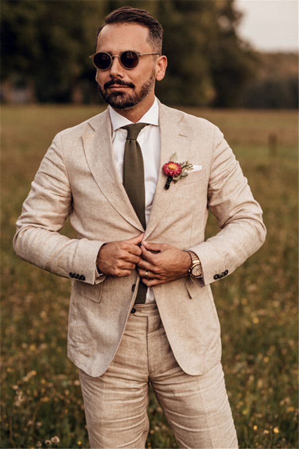stylesnuggle made this Party Linen Wedding Suit, Casual Summer Beach Groom Slim Fit Suit Tuexedos with rush order service. Discover the design of this Khaki Solid Notched Lapel Single Breasted mens suits cheap for prom, wedding or formal business occasion.