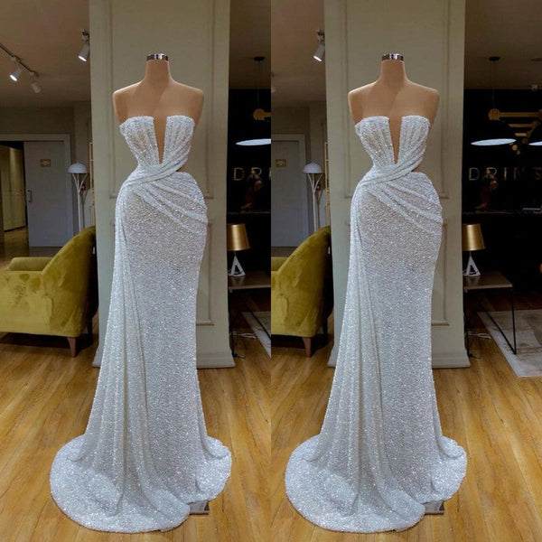 Plunging V-neck Sparkle White Sequined Strapless Prom Dress-stylesnuggle