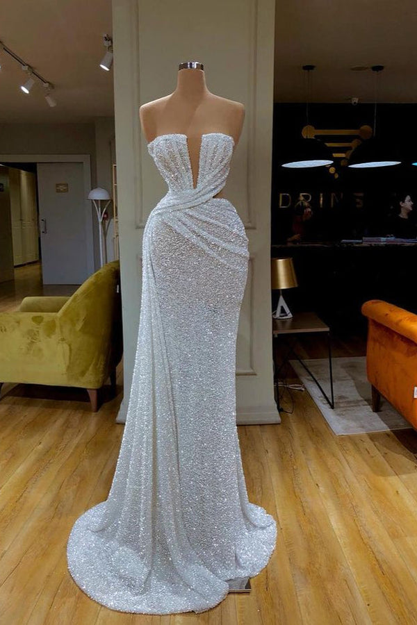 Plunging V-neck Sparkle White Sequined Strapless Prom Dress-stylesnuggle