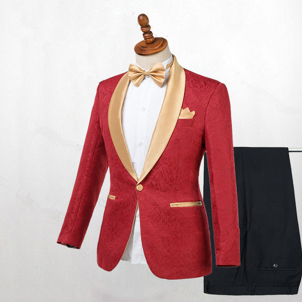 Shop Red Jacquard One Button Wedding Men Suits with Gold Lapel from stylesnuggles. Free shipping available. View our full collection of Red Shawl Lapel wedding suits available in different colors with affordable price.